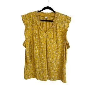 Old Navy Womens Yellow Floral Print V-Neck Flutter Short Sleeve Blouse Top XXL
